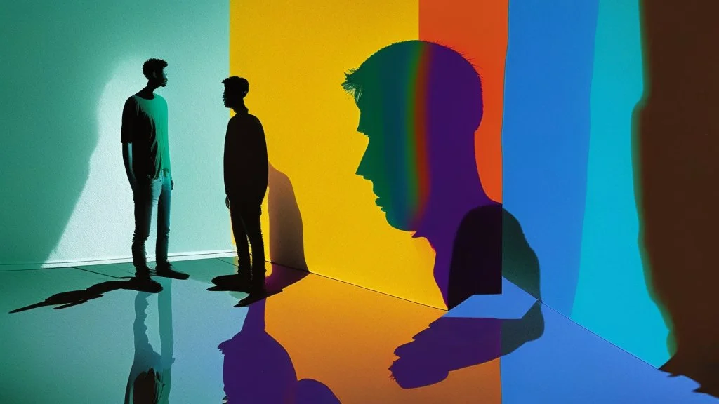 shadow made of different colors of a person talking to himself in the mirror