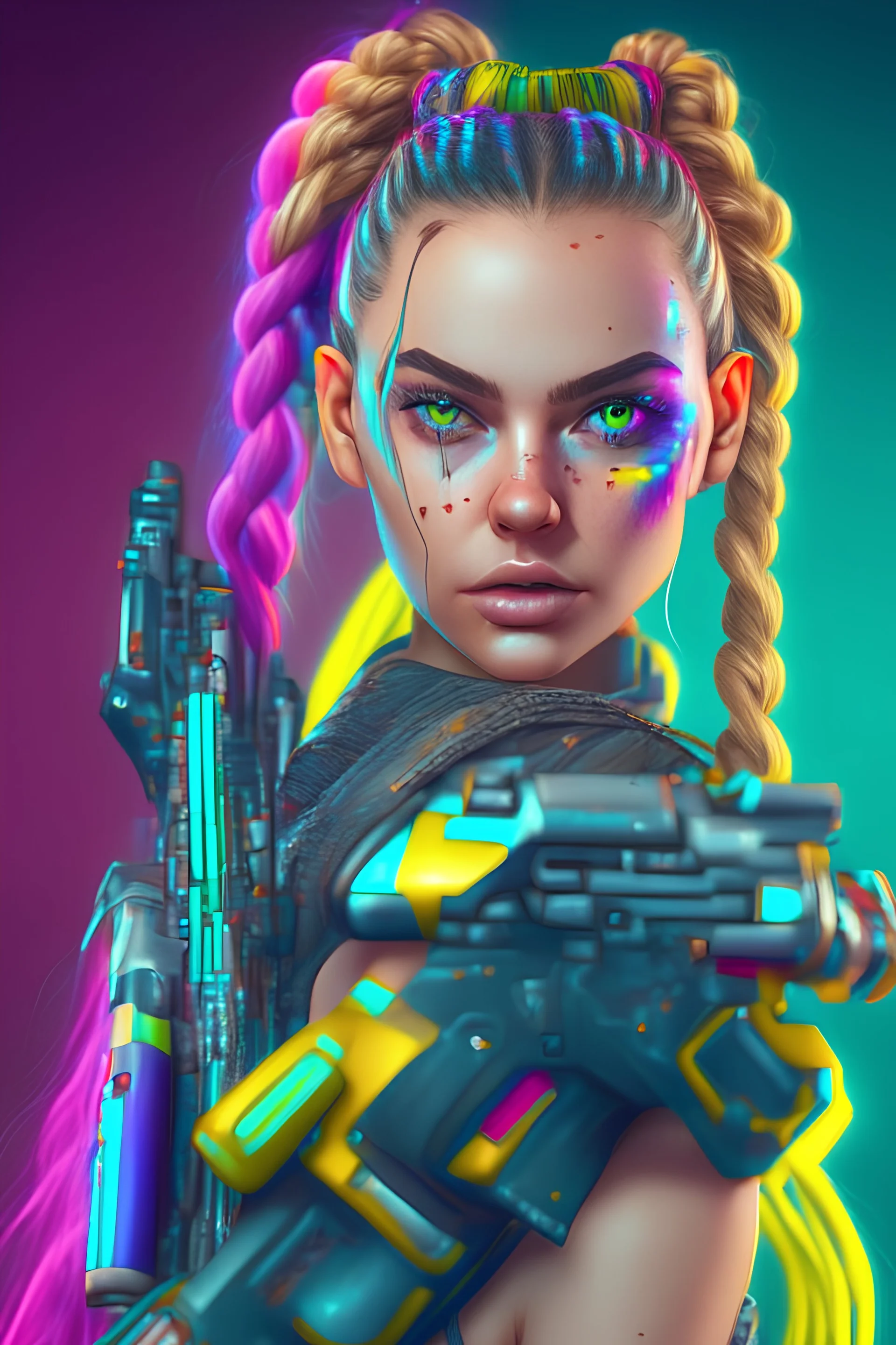 caucasian sexy cute girl, 22 years old, Britney Spears mixed with Rihanna mechanic girl, with multicolored braided hair, Plasma rifle, SciFi character concept, no blemishes, symmetrical, 8k, octane render, highly detailed