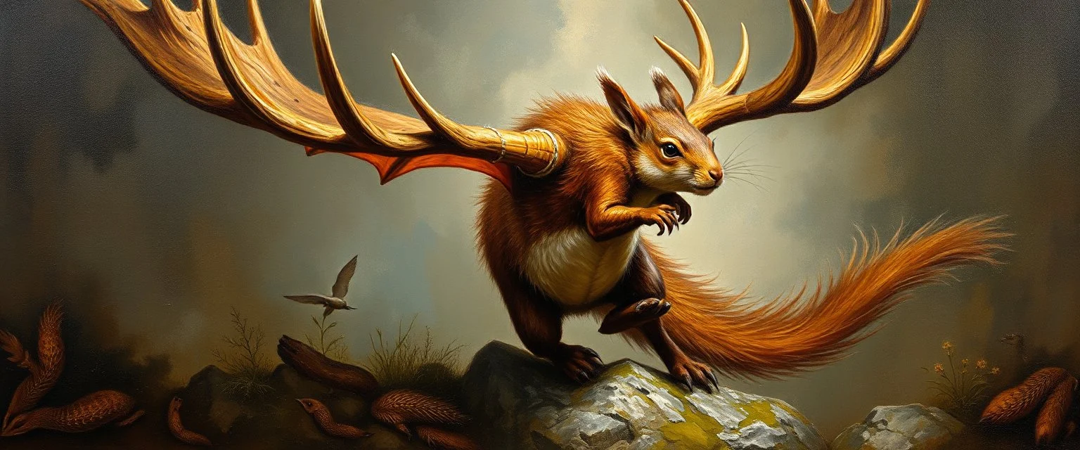 master oil painting by Rembrandt, moose squirrel dragon