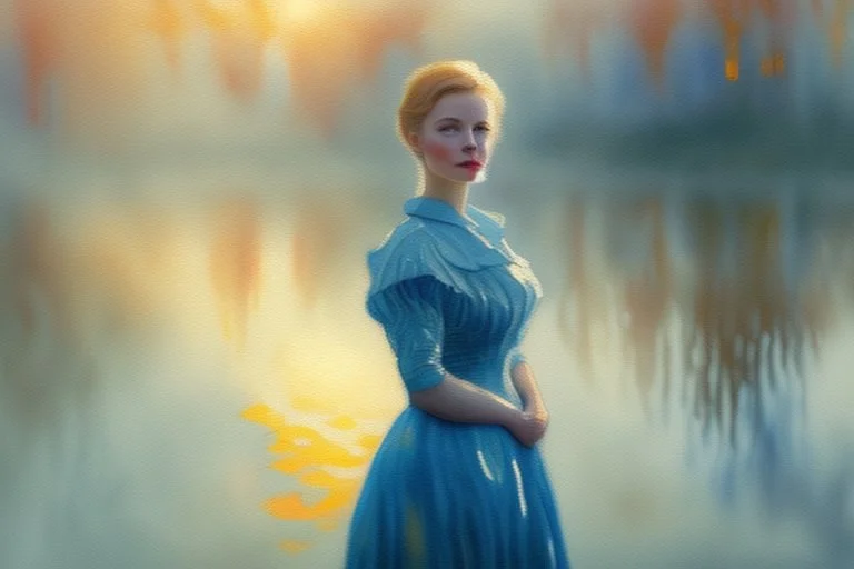 closeup of a Budapest sunshine beautiful oil painting kitten businesswoman van gogh style in blue dress on a misty morning. over a misty pond in the hieght of fall. Watercolour by Alison Brady. Pastel colours S<AI in sunshine, ethereal, otherwordly, cinematic postprocessing