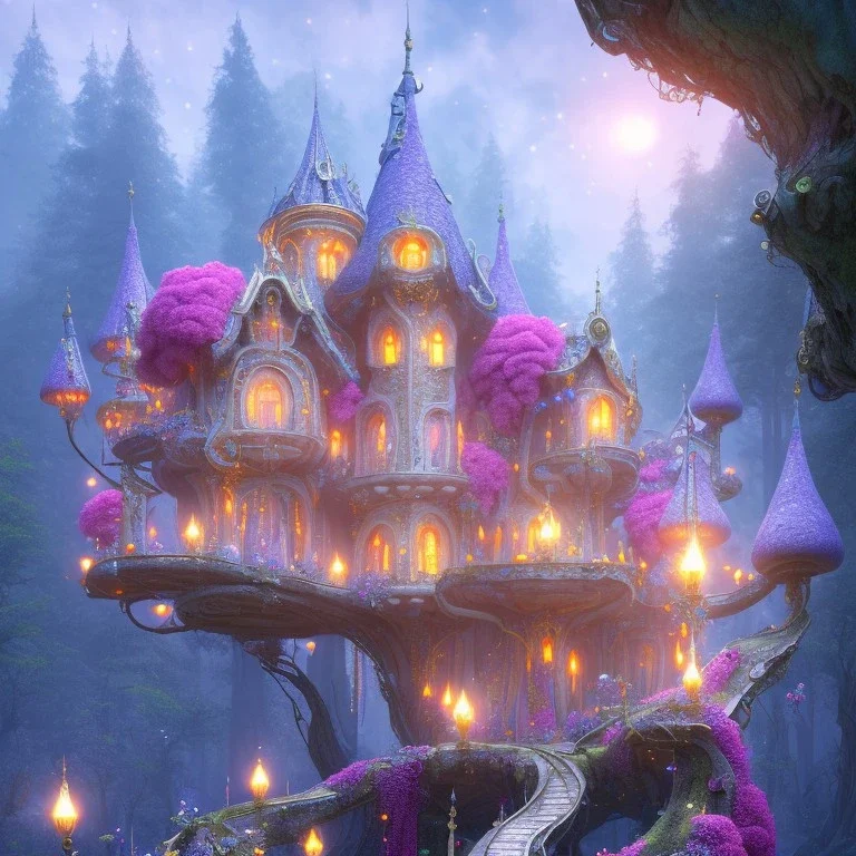 a magical flower muschroom bleu gold house in the woods, pink vertical, blue lake,sharp, vines, candlelit, endor, ornate, elegant, highly detailed, artstation, concept art, smooth, sharp focus, illustration, 8k, splash art, wallpaper, key visual