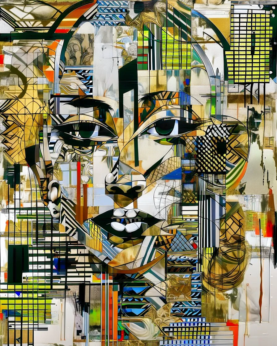 an extreme abstract acrylic and ink and battered paper photo collage poster of an unexpected mentioned in an arafed improbability made of smisunderstanding with a checkered juxtaposition, liminal space, vague resemblances of curved twisting stylized head wearing tribal mask, tribal patterns, memories of negative space, amazing reflections, amazing curves, amazing transparency, split vibe, double exposure influence, heavy zigzag vibe, side view, ((line lips)), crude mouth, afrofuturism