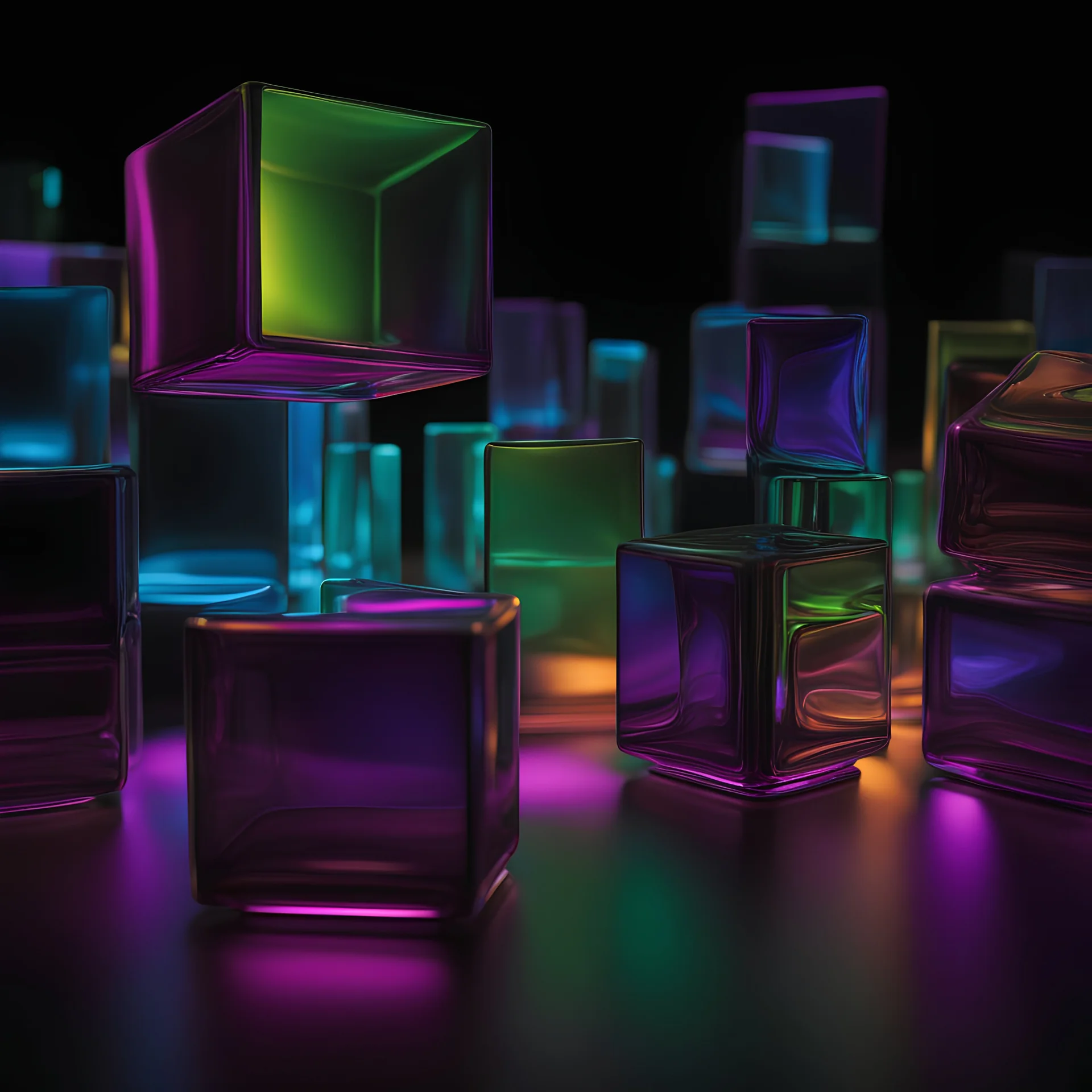 cinematic, abstract geometrical cube backlit bent glass panels and sculptures on a black background, purple green and blue hues. heavy refraction Close up. Bokeh. Macro shot, background blur, abstract, elaborate shapes, neon color gradingm a bunch of different colored objects sitting on top of a black surface, a 3D render, by Werner Gutzeit, trending on behance, holography, phone wallpaper. intricate, glowing blue interior components, feng zhu |, technological rings