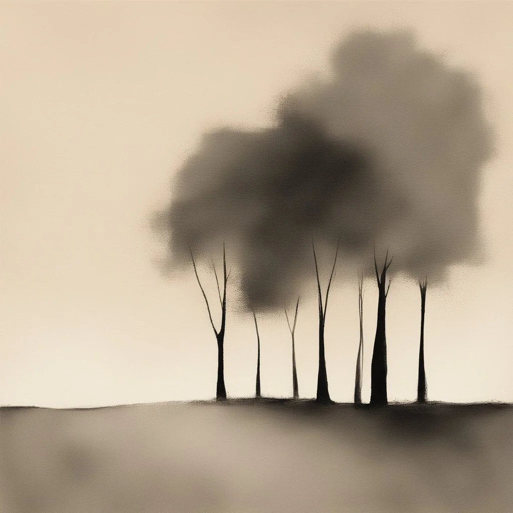 Minimalist rough abstract dusty Charcoal drawing of distant trees on a textured gesso background