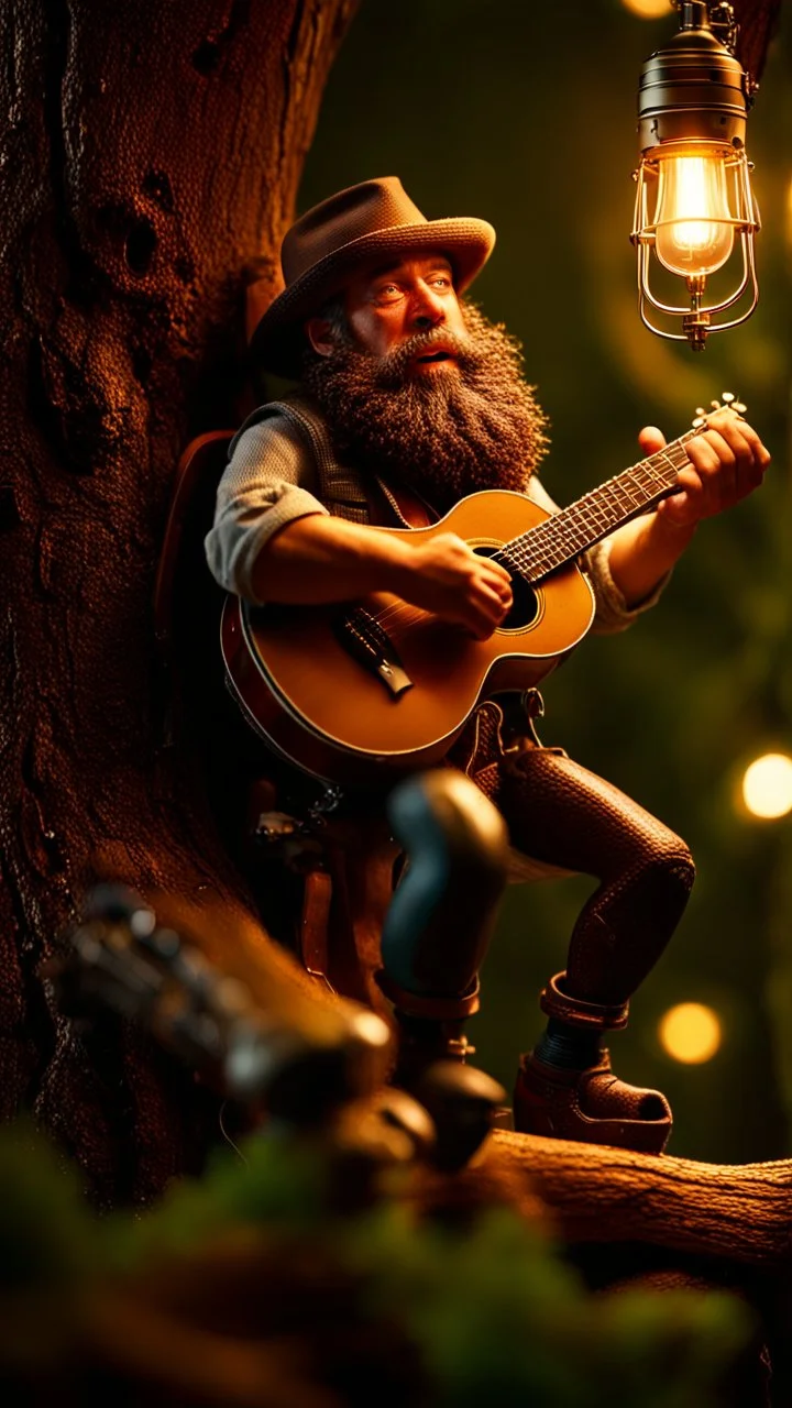 portrait of hairy rock banjo ninja sweet cucumber cowboy living inside a tree house in a hollow huge tree growing light bulbs, singing into ornate studio mic,bokeh like f/0.8, tilt-shift lens 8k, high detail, smooth render, down-light, unreal engine, prize winning