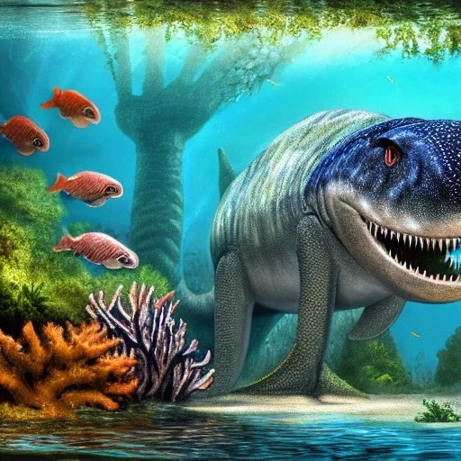 beautiful, stunning photorealistic mosasaurus underwater with coral reefs, plants, murky water, julius csotony, eleanor kish, davide bonadonna, fabio pastor, paleoart, photorealistic, illustrative, digital art, 8k resolution, detailed matte, painting, artwork, masterpiece, jurrasic park