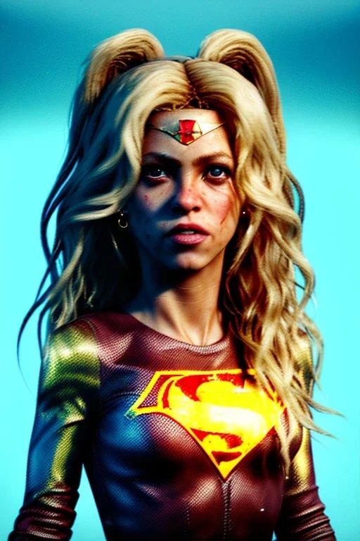 portrait, Shakira, blonde, angry, Realistic image, superhero, retro watchmen style, gold make-up, blood, sweat, fog, goddess style, Neon colors, leds. Black background, photo studio, concept art, smooth, unreal engine 5, god lights, ray tracing, RTX, lumen lighting, ultra detail, volumetric lighting, 3d, finely drawn, high definition, 4k.