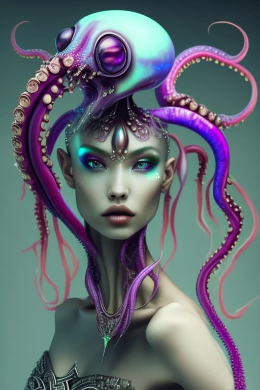 gorgeous female humanoid alien full body model, tentacles, orichalcum jewelry and piercings, beautiful face, shining eyes, flawless skin, transparent dress