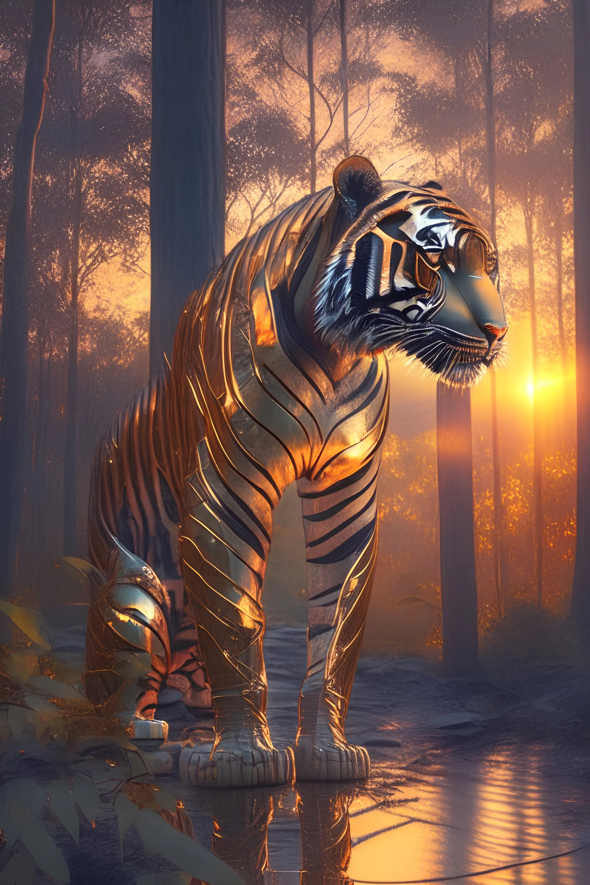 a metallic tiger in the forest looking at the sunset