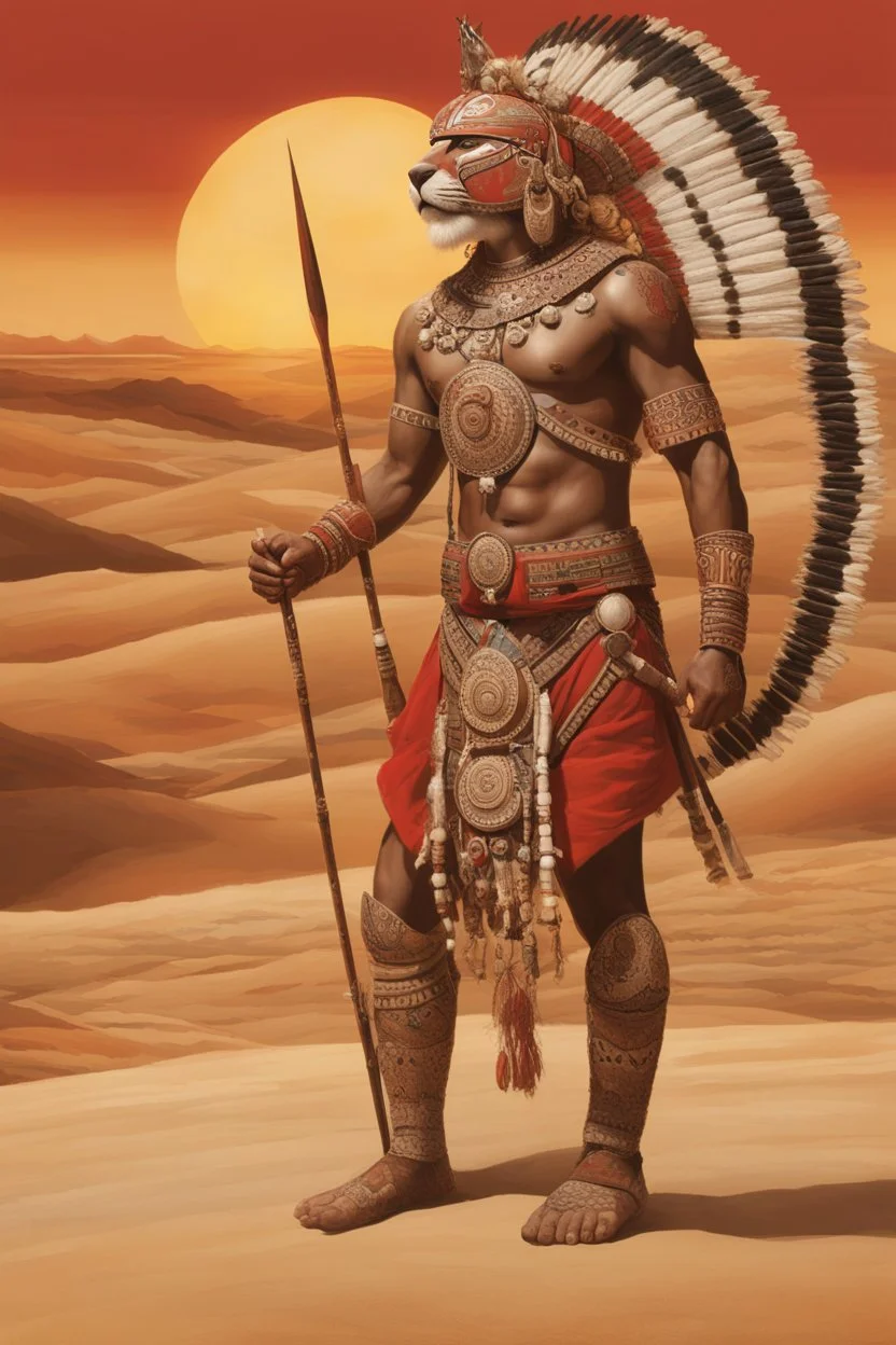 Full legs. Striking portrait of Nantli warrior as anthropomorphic puma, adorned with intricately designed traditional armor and headdress. His face, painted with black and white patterns, radiates a fierce and determined expression. A red sun adorns his headdress, symbolizing strength and power. The background, a vast, golden desert landscape, with a sun setting behind some rocky outcrops. 8k. Full body