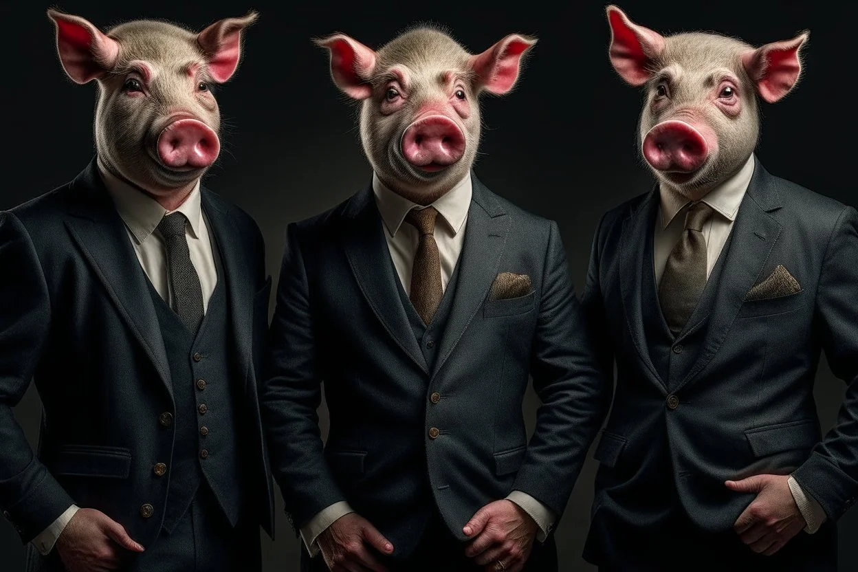 three human like pigs dressed in suits