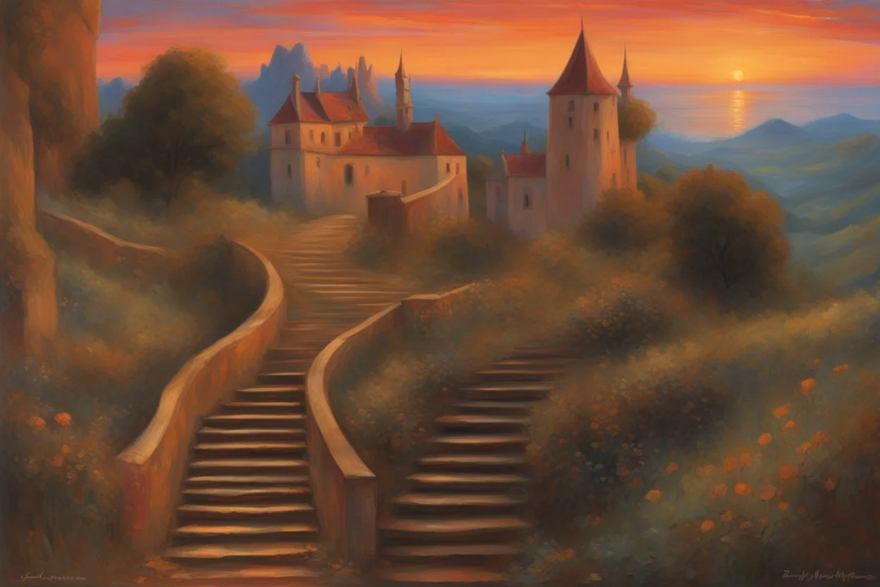 beautiful sunset, stairs, mountains, pathway, gothic disturbing influence, dark alice in wonderland influence, rodolphe wytsman, jenny montigny, and friedrich eckenfelder impressionism paintings