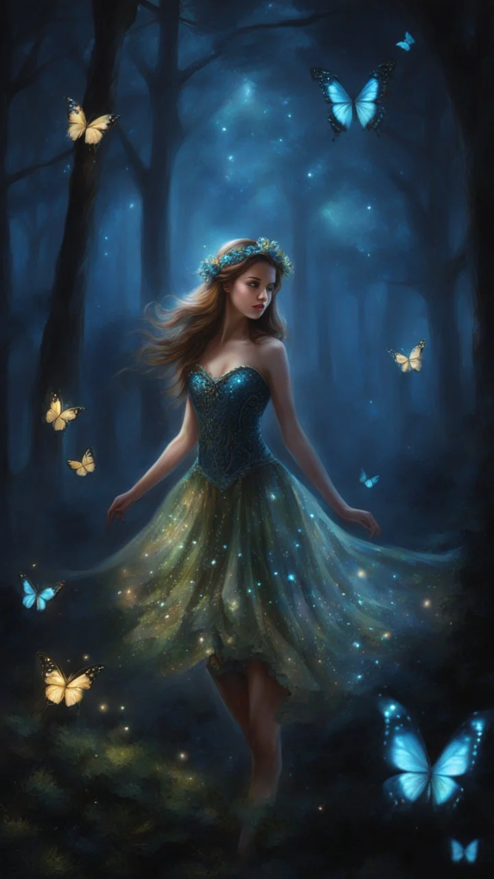 Painting of a beautiful girl, beautiful, young girl, beautiful, inspired by Thomas Kinkade, digital painting, fantasy art, dream, trees, forest, dark night, song, glitter butterflies, fantasy