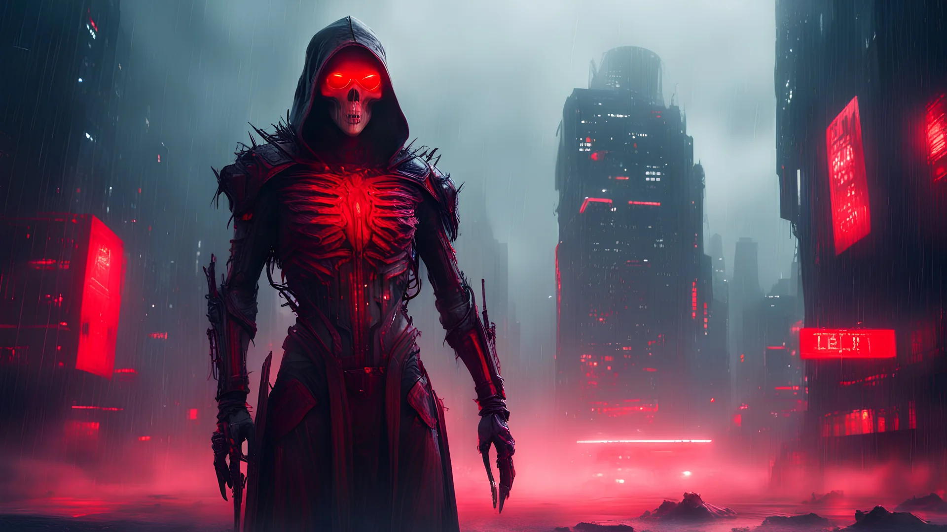 Personification of death, villain, creative and complex design, red light, Complete body, Futuristic city with a lot of fog, realistic, post apocalyptic, 4k, high contrast, perfect, high resolución, highly detailed, dark with nice illumination, rain