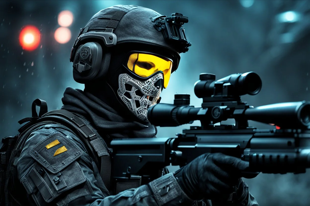 Ghost Soldier with skull mask in 8k realistic cgi drawing style, call of duty them, close picture, rain, neon, intricate details, highly detailed, high details, detailed portrait, masterpiece,ultra detailed, ultra quality