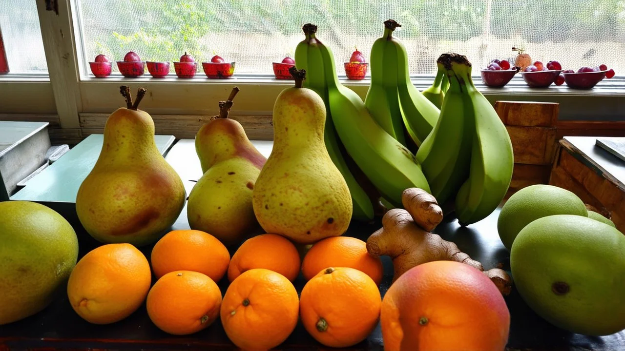 Bananas ripe and green, and ginger-root Cocoa in pods and alligator pears, And tangerines and mangoes and grape fruit, Set in the window