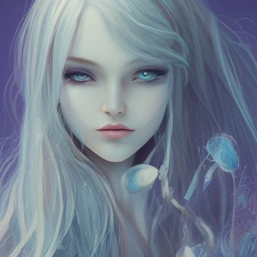 jolie visage de fée peau bleue ,longs cheveux blonds , 8k, fond bleu, Character Design, magician