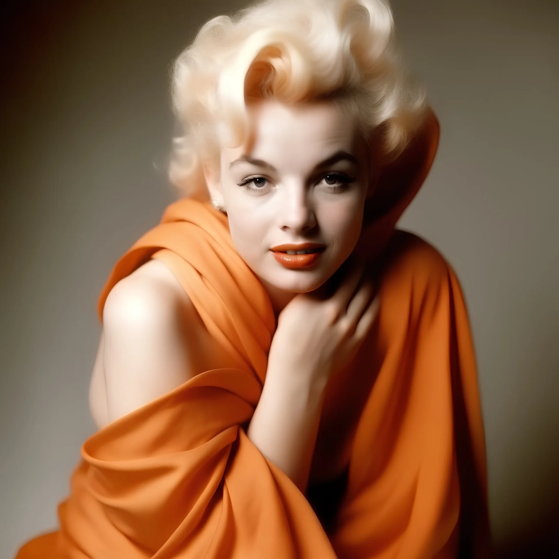 A photograph of childish marilyn monroe, hand on heart, with spiky hair, no make up, in the style of milton greene, a pale orange silk scarf around her shoulders, white bacground