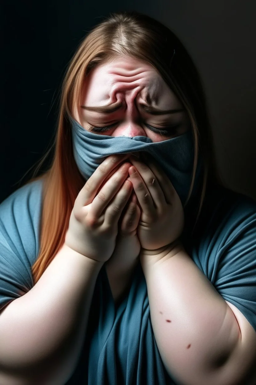 Fat woman crying with a mask on