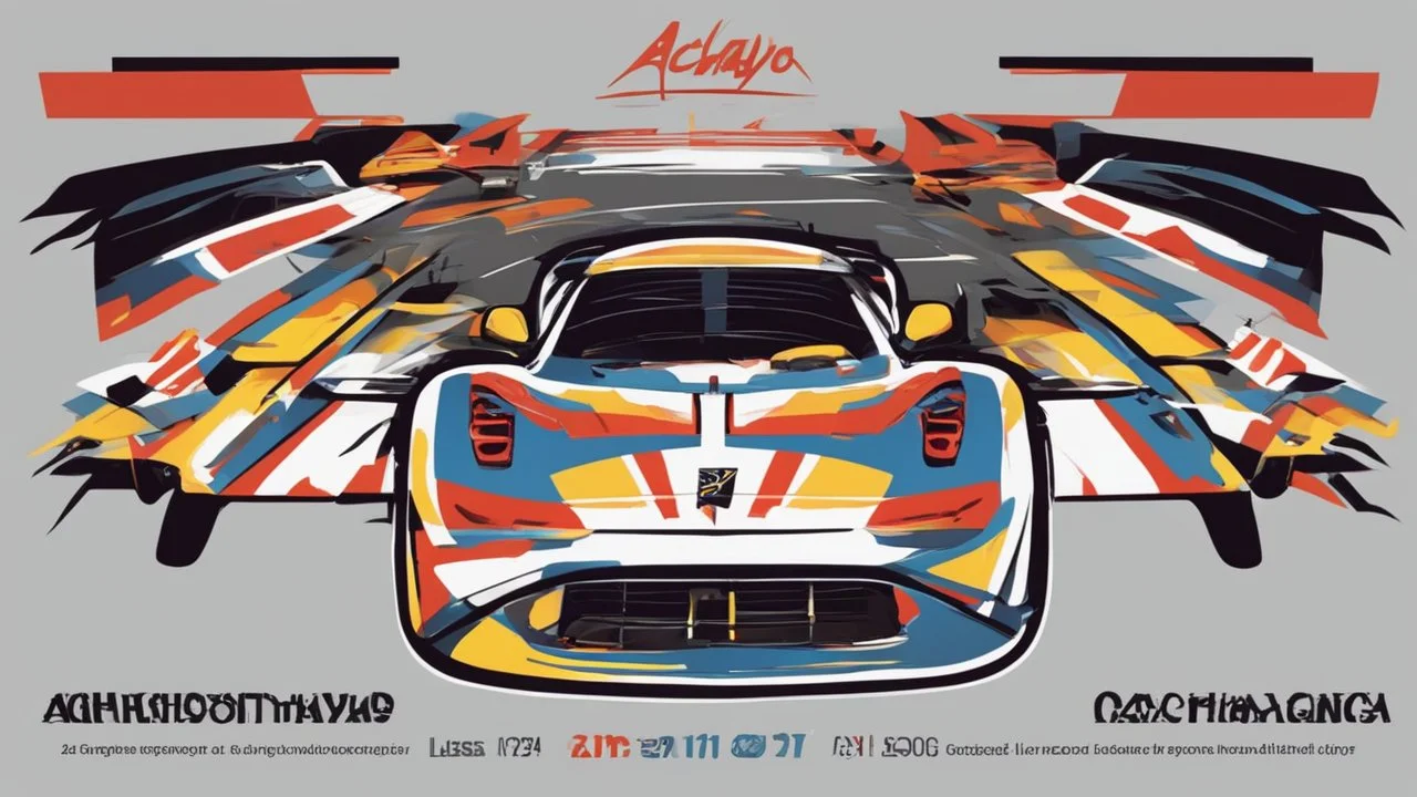 "I'm looking for a visually striking poster for the 'Achayo Motorsport Extravaganza.' The main focus should be a high-performance race car prominently featuring the 'Achayo' logo. The color palette should be vibrant and energetic, with dynamic elements like racing tracks or speed lines to convey motion. Include cheering crowds or spectators in the background to amplify the excitement. Use bold typography for the event name and incorporate checkered flags, racing helmets, and other motorsport-rel