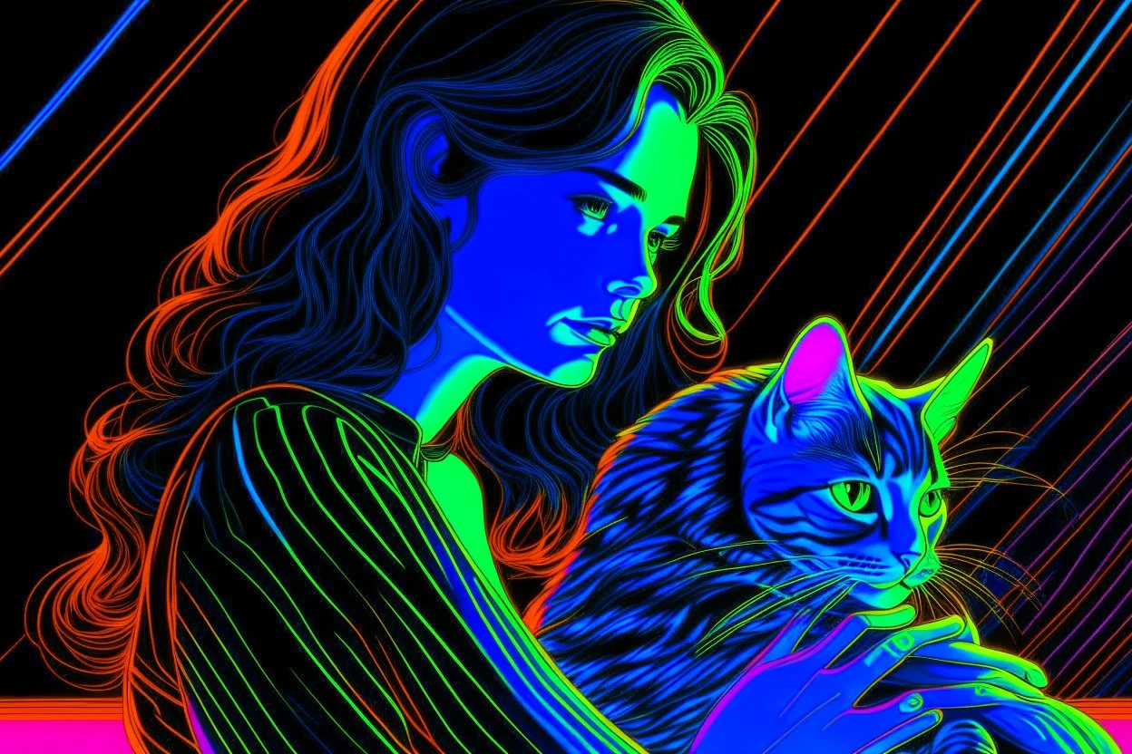 black light art, neon lines, contented brunette woman with fluffy kitten seeking something in the distance