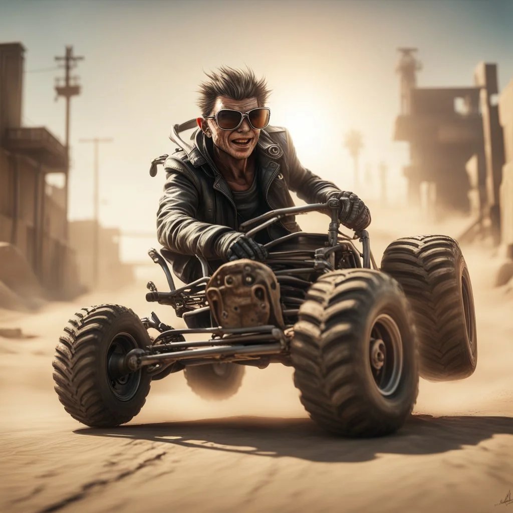 airbrush with pen outline, cool mad max pimp preacher gremlin jumping with a dune buggy against a wall wearing driver gloves, wearing flip down sun glasses, in the style of a fallout 4,bokeh like f/0.8, tilt-shift lens 8k, high detail, smooth render, down-light, unreal engine, prize winning