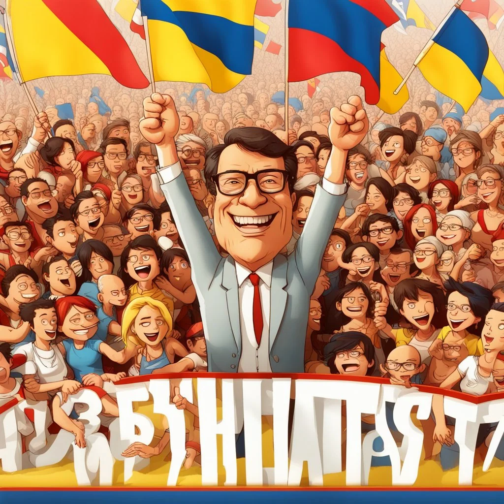 Create a Pixar-style 3D movie poster with Gustavo Petro, president of Colombia happy and surrounded by women, men and Colombian flags, with the title: "The President", ultra quality, hyper-detailed, maximalist, 8k