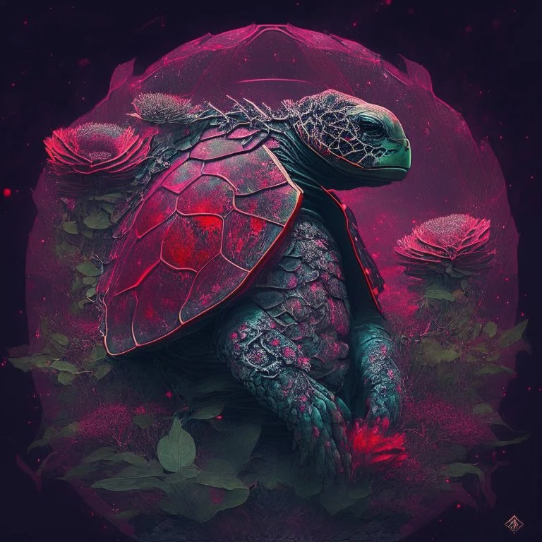 spatial turtle samurai iridescent, blood, futuristic, guts, wildflower, cosmic, intricate, darkred tones,sidhe, ominous, nature, plants,