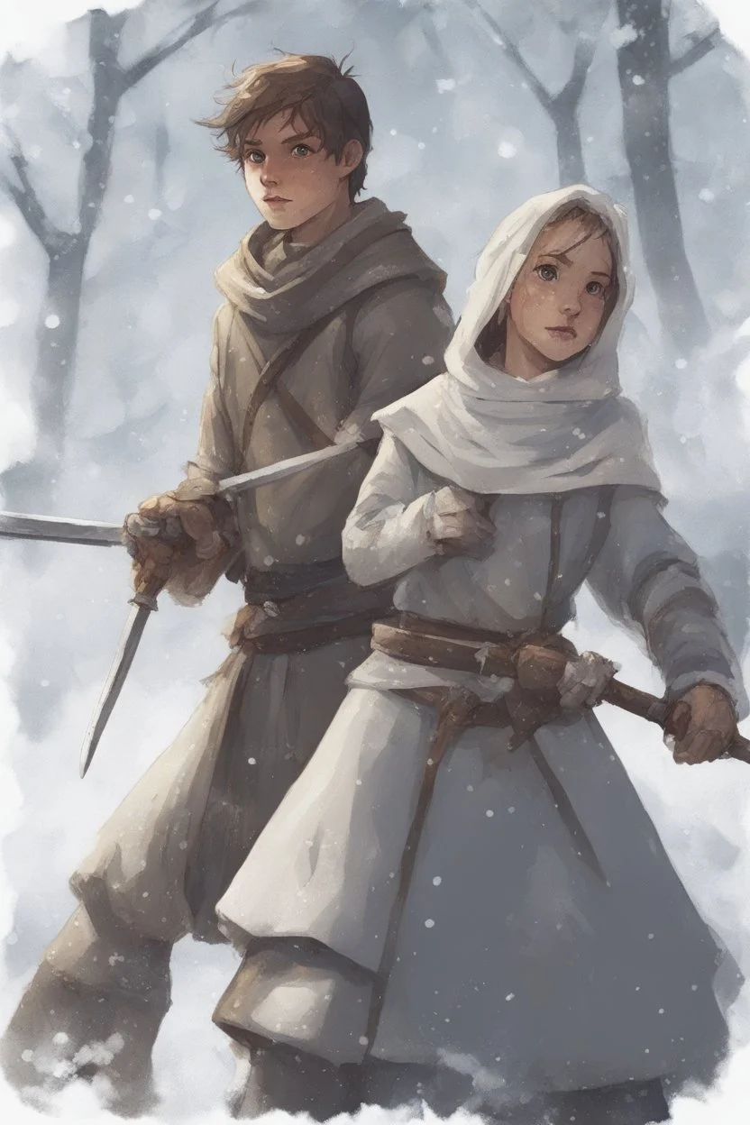 DnD style, two medieval peasant kids playing in the snow male and female, age 14 and 15, happy and playful, he has a short sword.