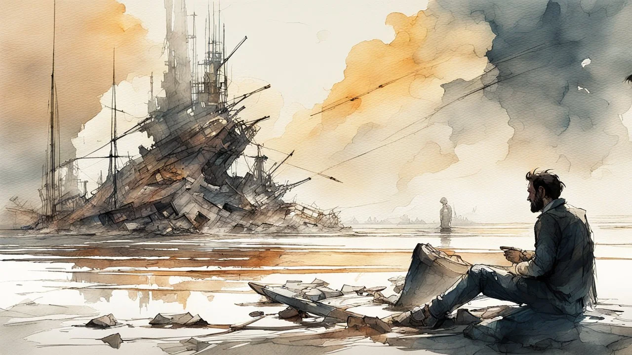 man and death talking on the remains of the world, light watercolor sketch, by Leonid Afremov & Benedick Bana & Atelier Olschinsky & Ian McQue