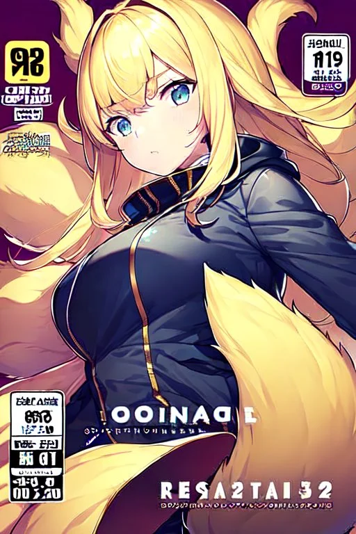 blonde girl with tails waring jacket, line arts, manga cover