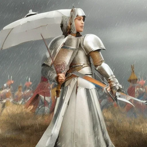 Princess standing. A knight ready to fight. A princes with white dress bowing down. With heavy armor, sword. Realistic details. Crowd in the distance. Guard. Raining cold rain