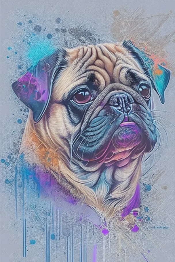 Abstract wet watercolour, portrait of a pug