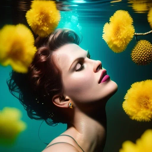 eva herzigova underwater with yellow flowers for hair, closed eyes, rtx, reflection, 8k, glow, winning photography, caustics