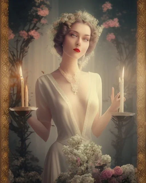 beautiful, stunning woman in 1930s gown standing near small table, flowers, gauzy white curtains, candles, dreamlike, sepia photography, centered, 8k resolution, high-quality, fine-detail, intricate, detailed matte, volumetric lighting, photo-realistic, candles, translucent gown, illustration, 3D octane render, brian froud, howard lyon, selina french, anna dittmann, annie stokes, lisa parker, greg rutowski,