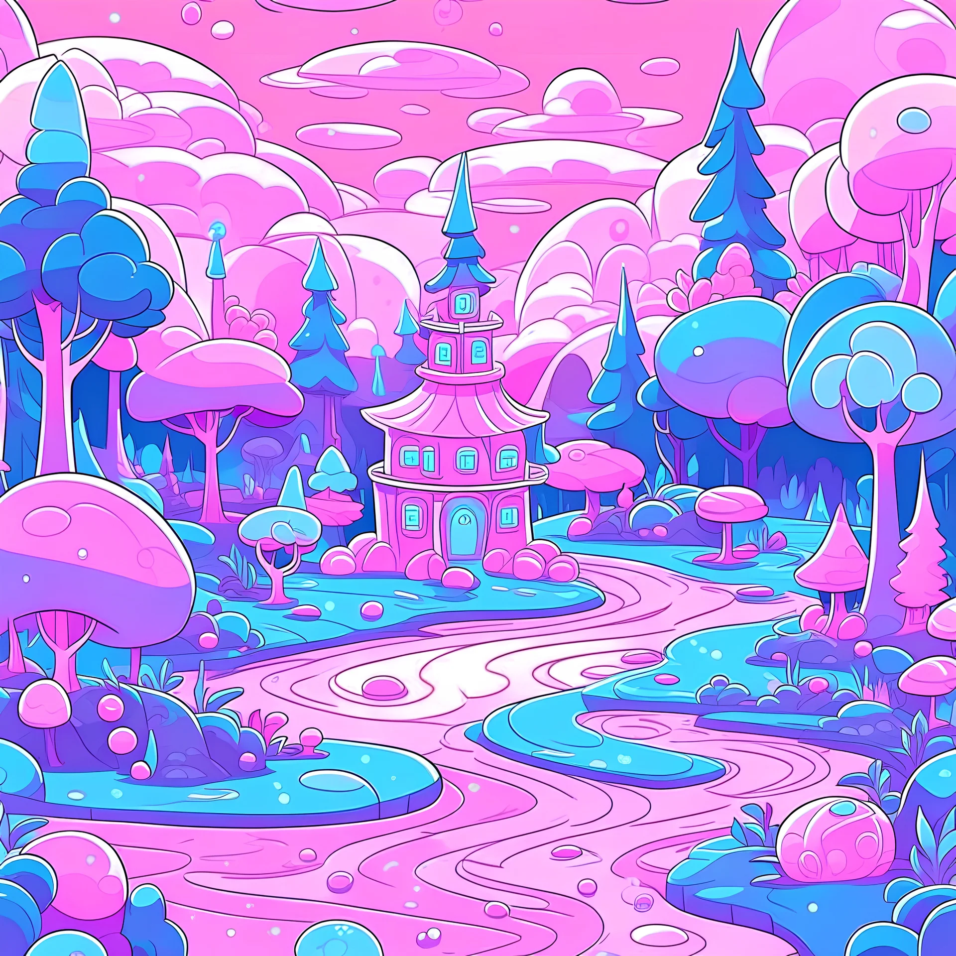 Pink and purple pastel cartoon forest with a magical Victorian teahouse with a garden