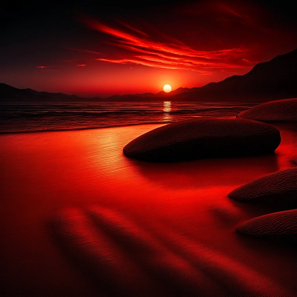 Beautiful dark red sunset over the sea shore at night, intricate, amazing, beautiful, realistic, ultra-high resolution, wide angle, depth of field, dynamic lighting –ar 1:2 –v 5