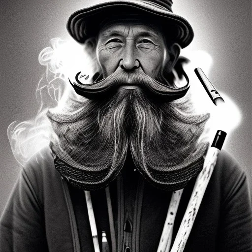 pencil Black and white Portrait of old fishermen sitting on a chair ,long beard, smoke coming out of Classic Briar Wood Pipe ,wearing a bucket hat, fantasy 8k by Van Gogh
