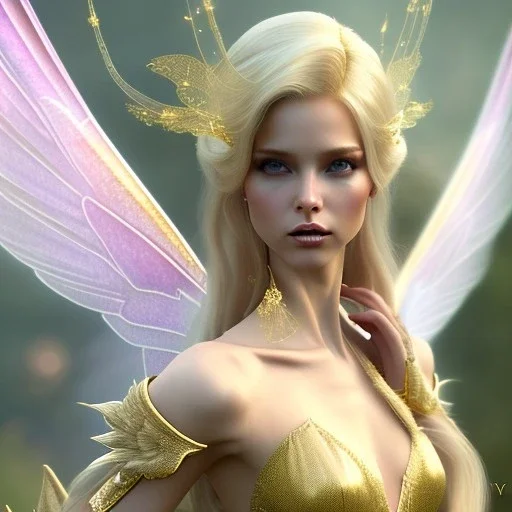 beautiful fairy very etheric, nice smiling, long blond hair, magic glamour pink make up, delicate colors, complete vision of very transparent golden and big wings, beautiful glamour transparent golden dress, ultra sharp focus, 8k, unreal engine 5, extremely sharp detail, light effect, soft light atmosphere, smooth, full of details, face in front, complete vision of face and hair and of the body