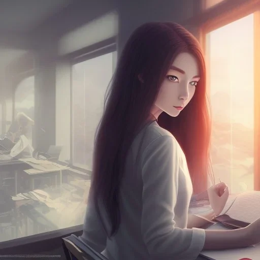 Anime, female student studying under window, studying lesson, perfect face, cool face, ultra detail, unreal engine 5, cinema4d, sun light, studio lighting --ar 1:1 --v 4