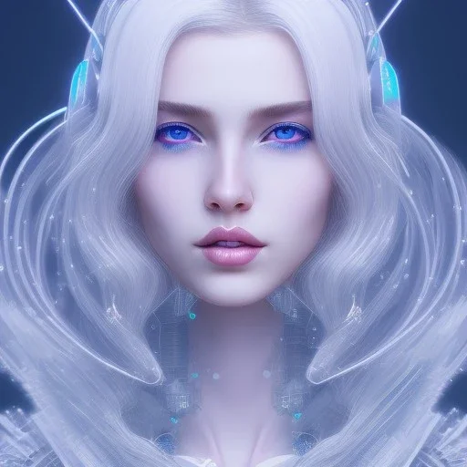 A beautiful portrait of a cute cyberpunk woman long blond hair, pink lips, blue eyes, high key lighting, volumetric light high details with luminous blue and white stripes and feathers