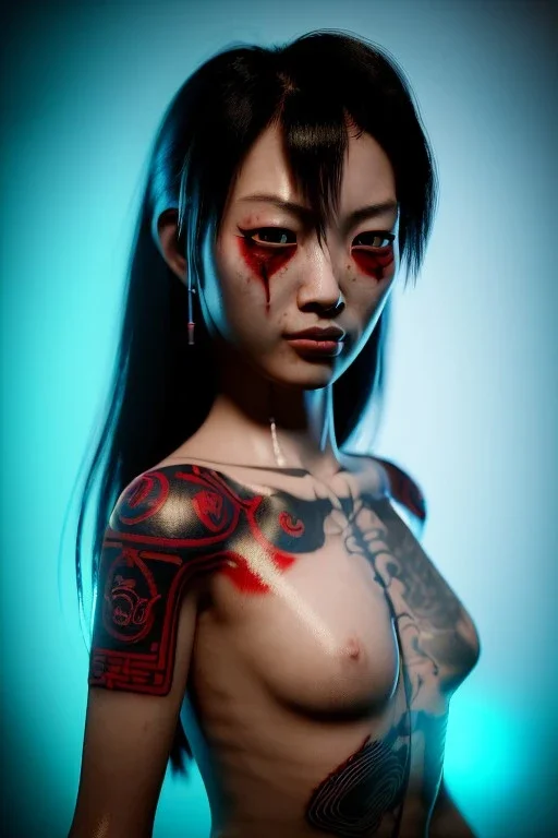 Studio photo portrait, Asian woman samurai,yakuza body tattoos, cyberpunk,japanese traditional ornaments, red, white, black, led wires, glow eyes, cinematic, Ultra realistic, wide angle view, soft color, highly detailed, unreal engine 5, RTX, ultra detail, 3d, finely drawn, high definition.