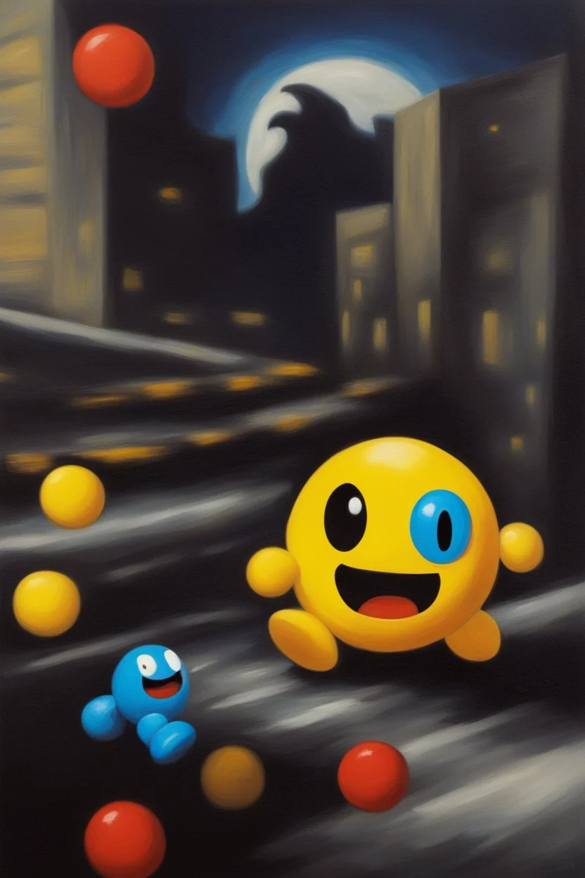 oil painting of pac-man chasing a ghost