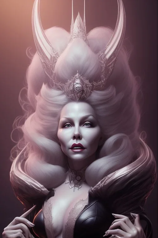 Mae West as evil queen in black leather, leather, busty, cleavage, angry, stern look. character design by cory loftis, fenghua zhong, ryohei hase, ismail inceoglu and ruan jia. unreal engine 5, artistic lighting, highly detailed, photorealistic, fantasy