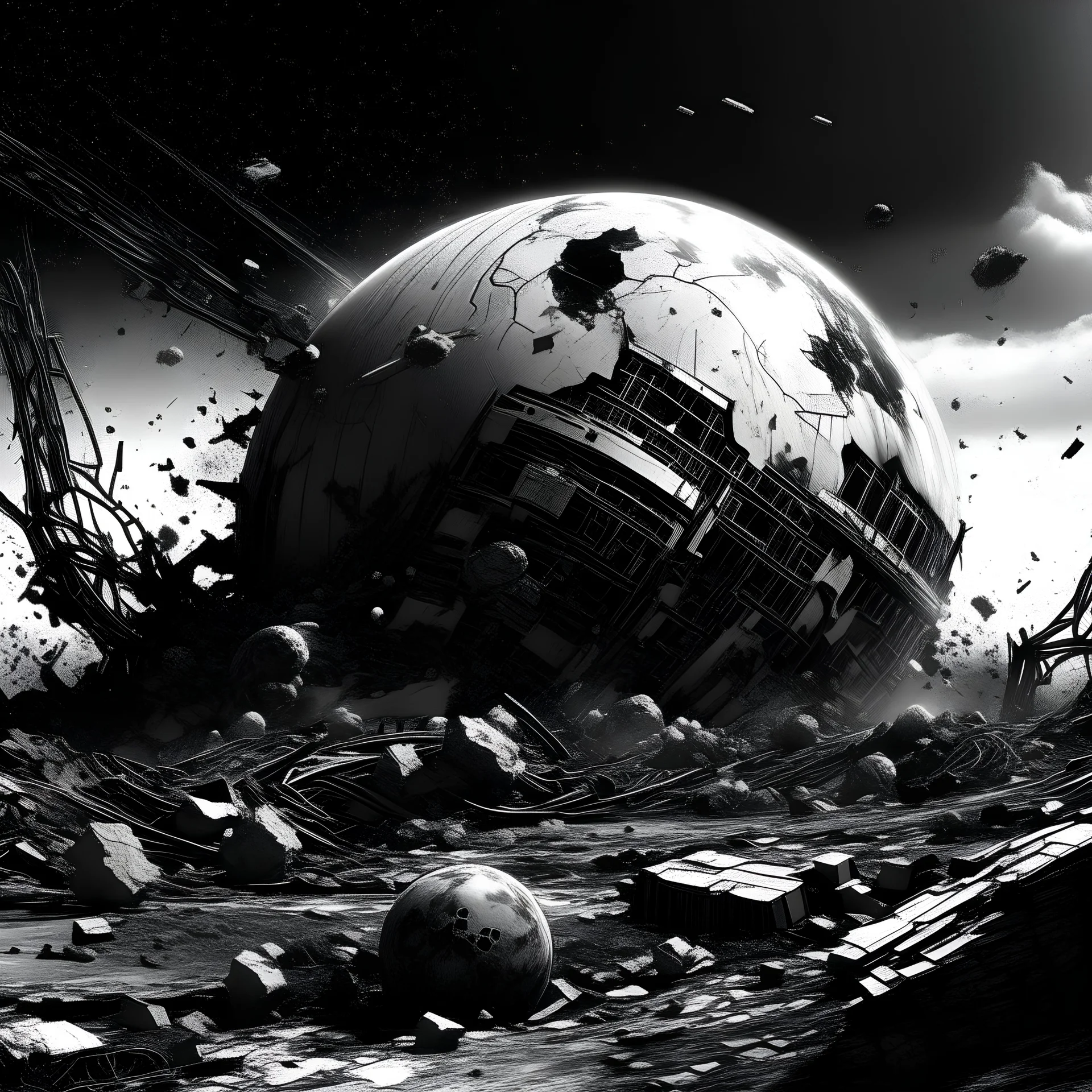 black and white destroyed planet