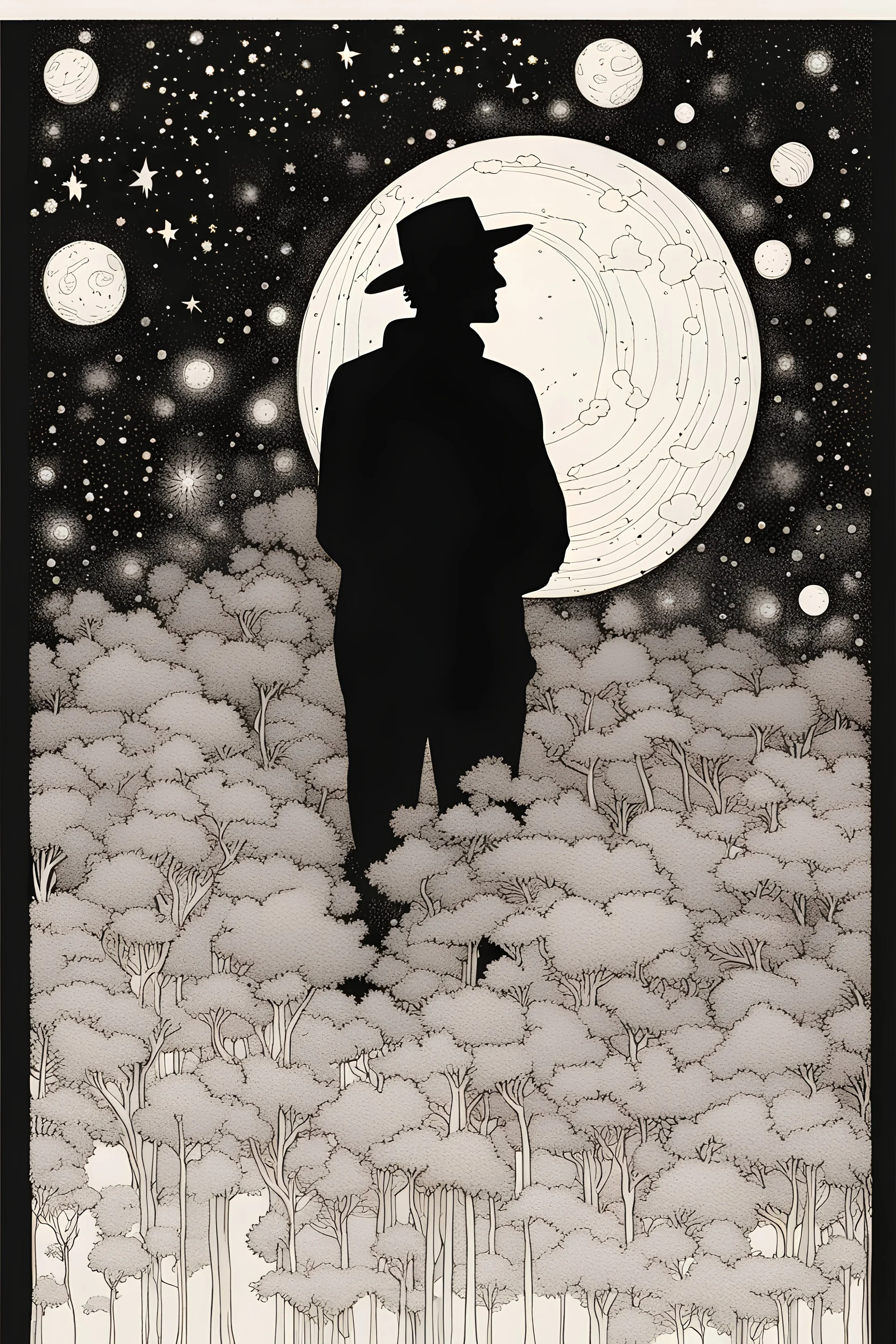 Peaceful, Jean Giraud, man floating, night sky filled with galaxies and stars, trees, flowers, black ink, one-line drawing, sharp focus, 8k, 3d