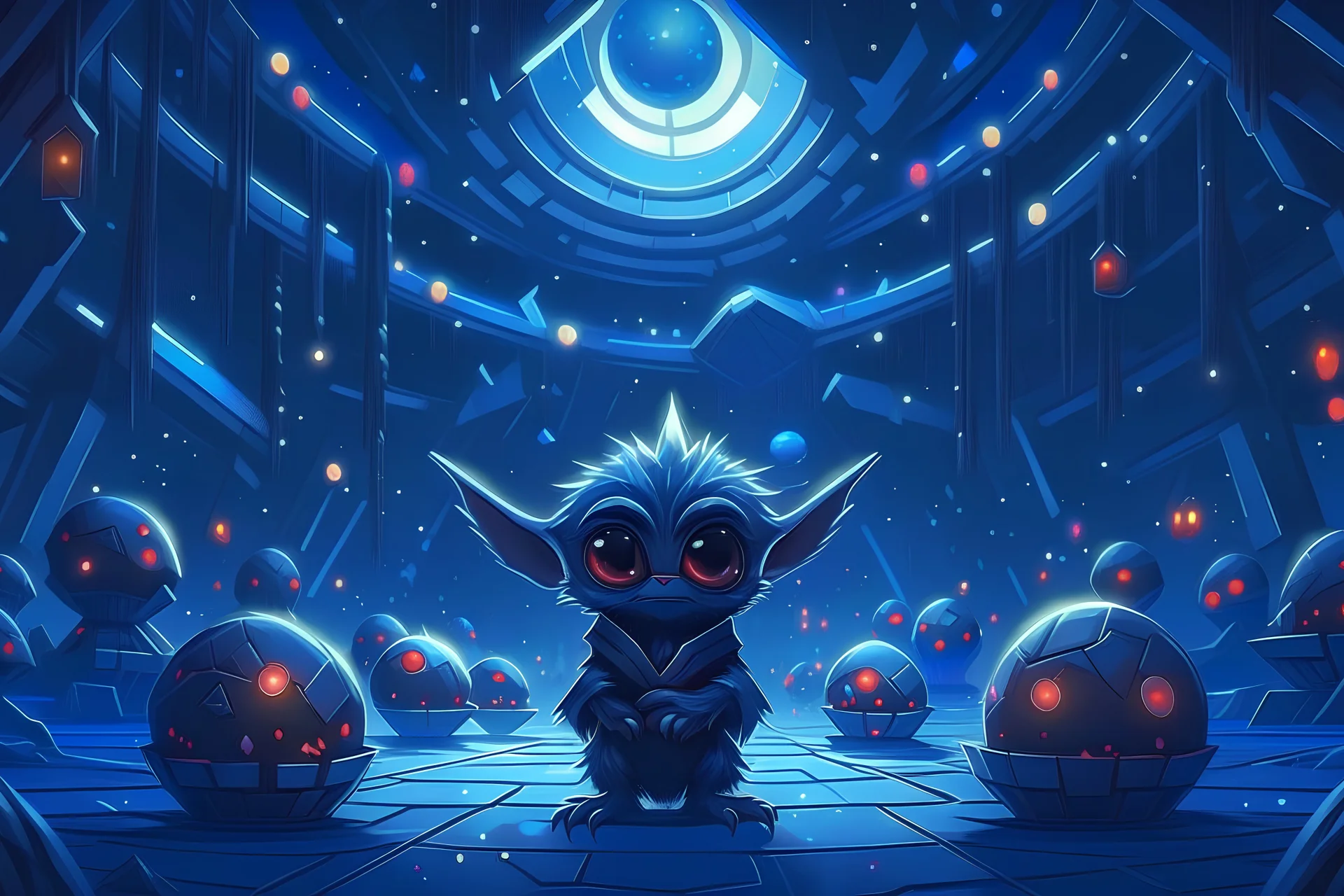 fluffy happy big eyed baby dragon sith lord in the Death Star space hall in second death star with few Tie Fighters and space ships ready to lunch and a view to a star wars planet, and christmas tree and sith gifts, cinematic eye view