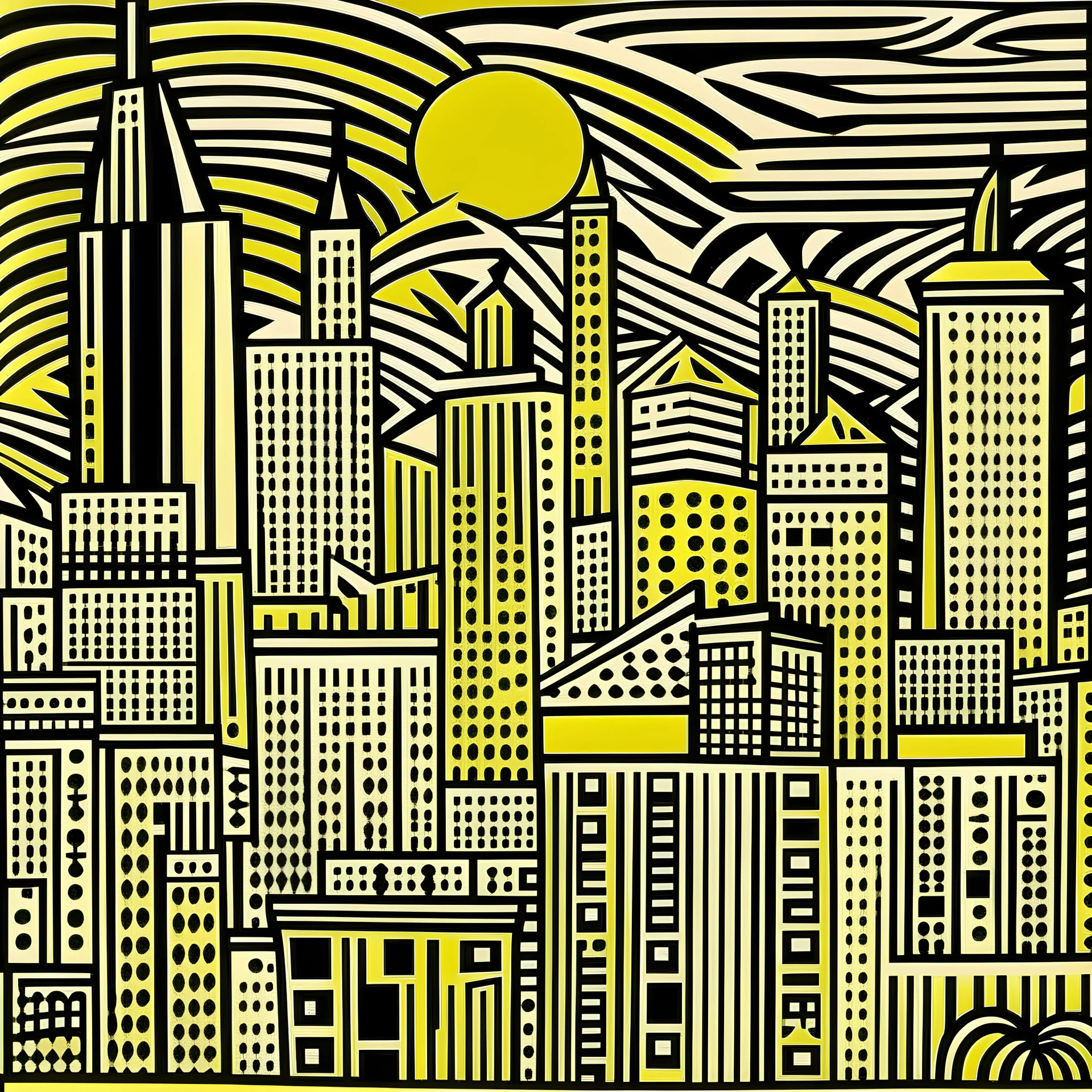 A light gold city designed in ancient Egyptian hieroglyphics painted by Roy Lichtenstein