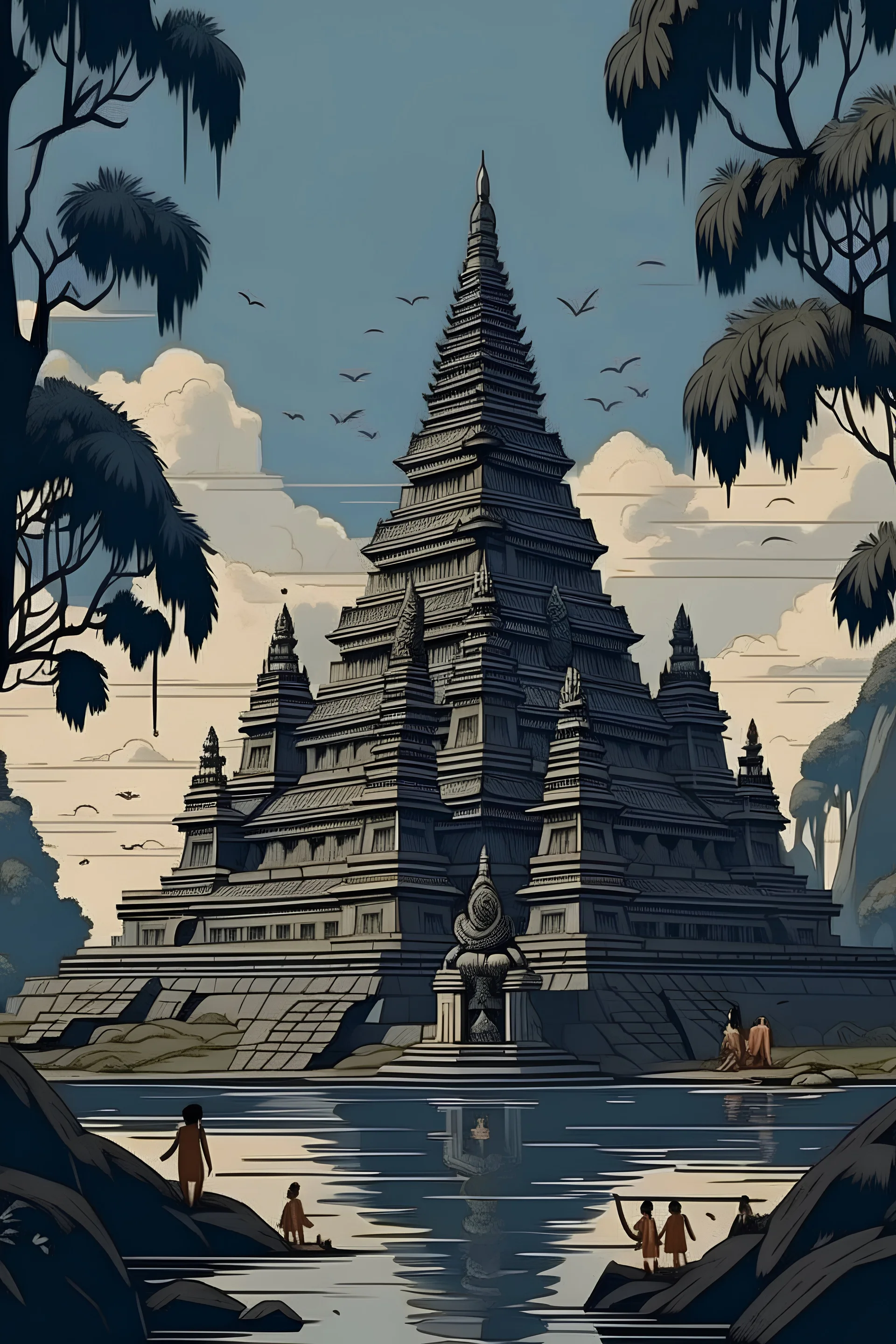 buatkan gambar ilustrasi kisah roro jonggrang dan candi prambanan