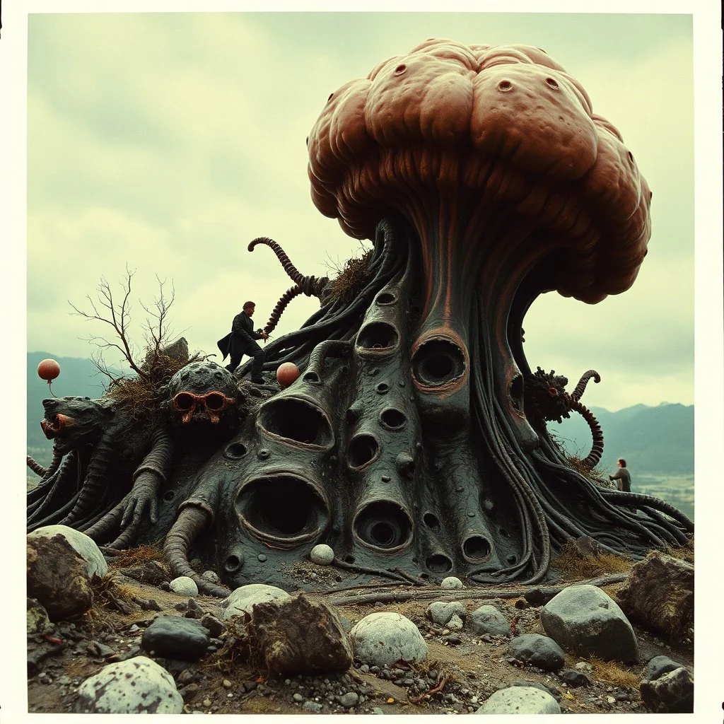 Photography polaroid close-up of a random landscape with massive odd Max Ernst incomprehensible style, Surrealism, glossy, organic, creepy tumor mass growing, strong texture, fiotti di liquido nero, horror, panic, obsessive, hypnotic, chaos, ornate, ZBrush